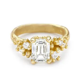 Emerald Cut Diamond Ring with Granules and White Diamonds