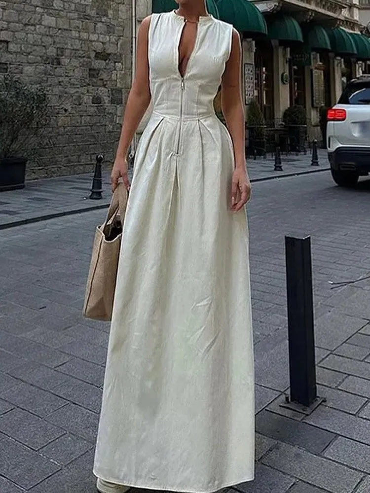 Modest Slimming Sleeveless Long dress With Zip At Front