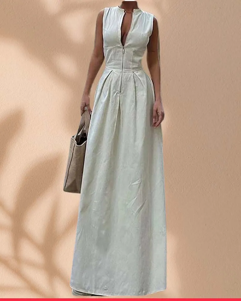 Modest Slimming Sleeveless Long dress With Zip At Front