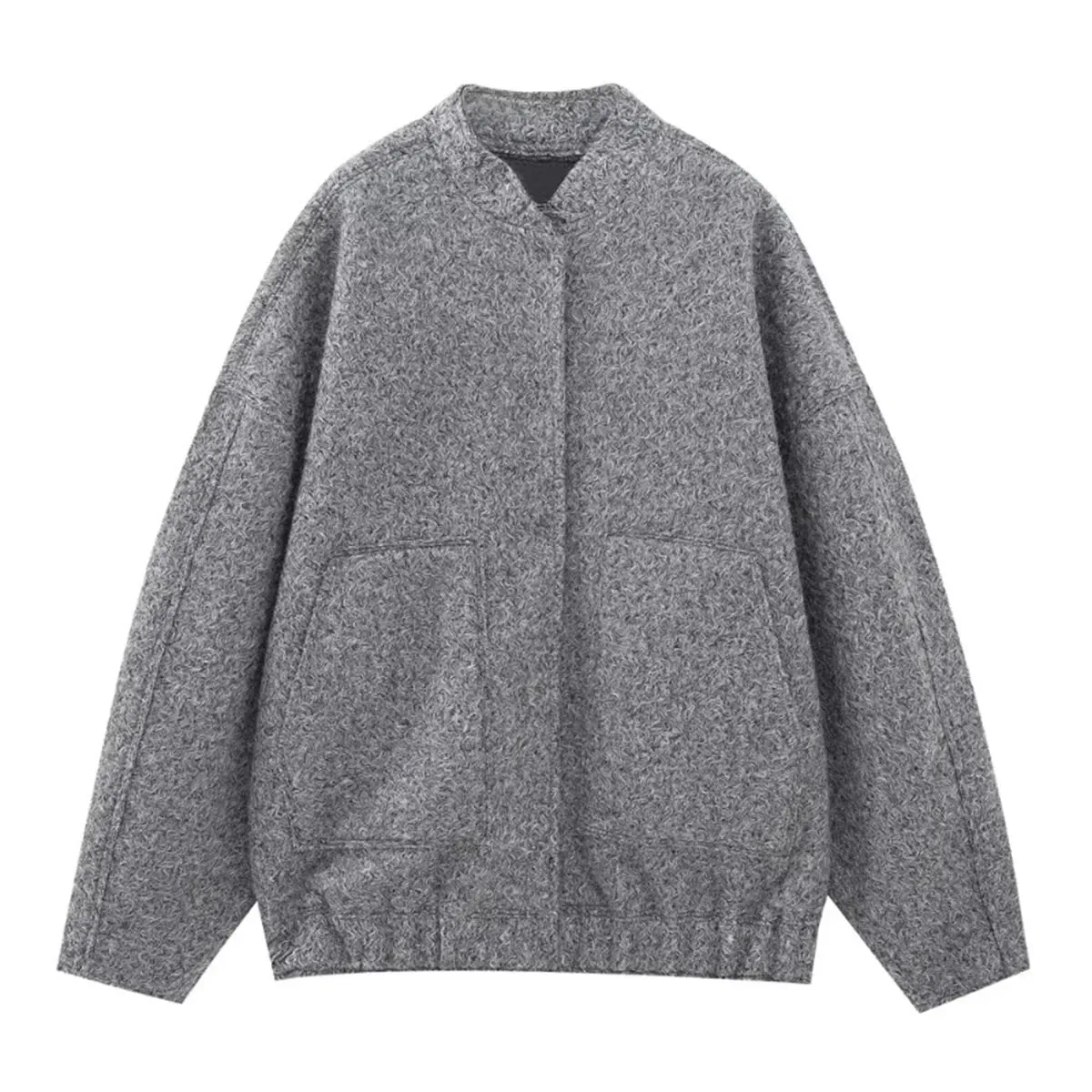 New Fashion Pockets Grey Front Zipper Cropped Vintage Lapel Chic Coat